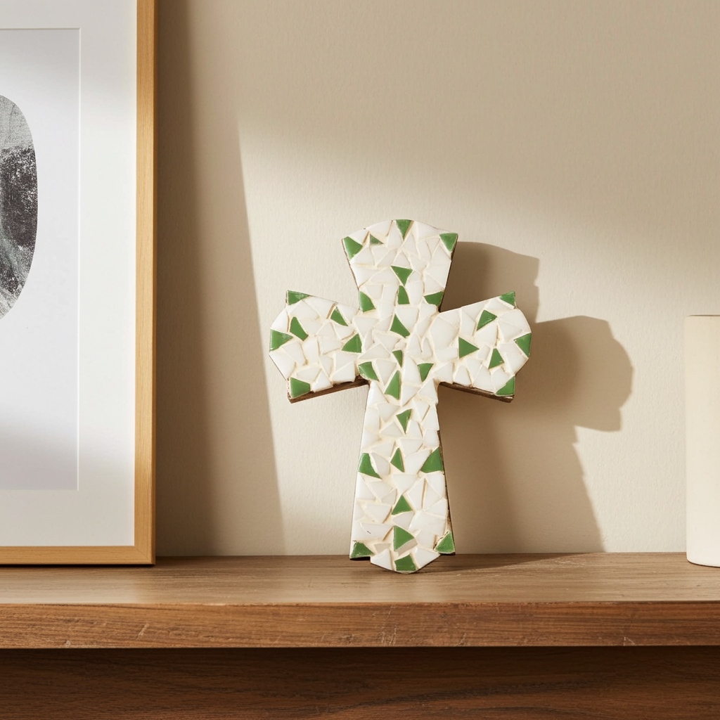 Handmade Mosaic Green and White Cross lifestyle