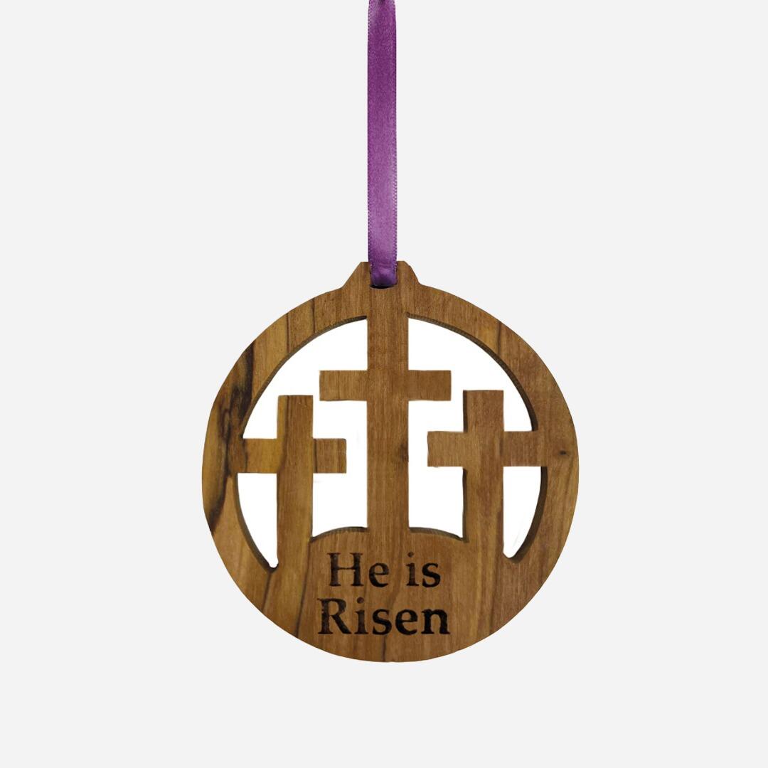 Olive Wood He Is Risen Cross Easter Decoration