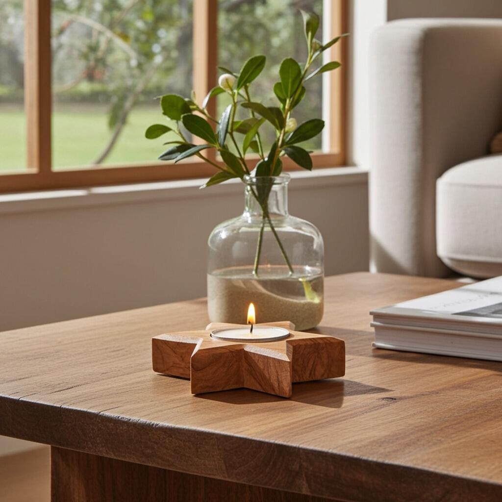 Charity Homeware_Olive Wood Star Tealight Holder lifestyle