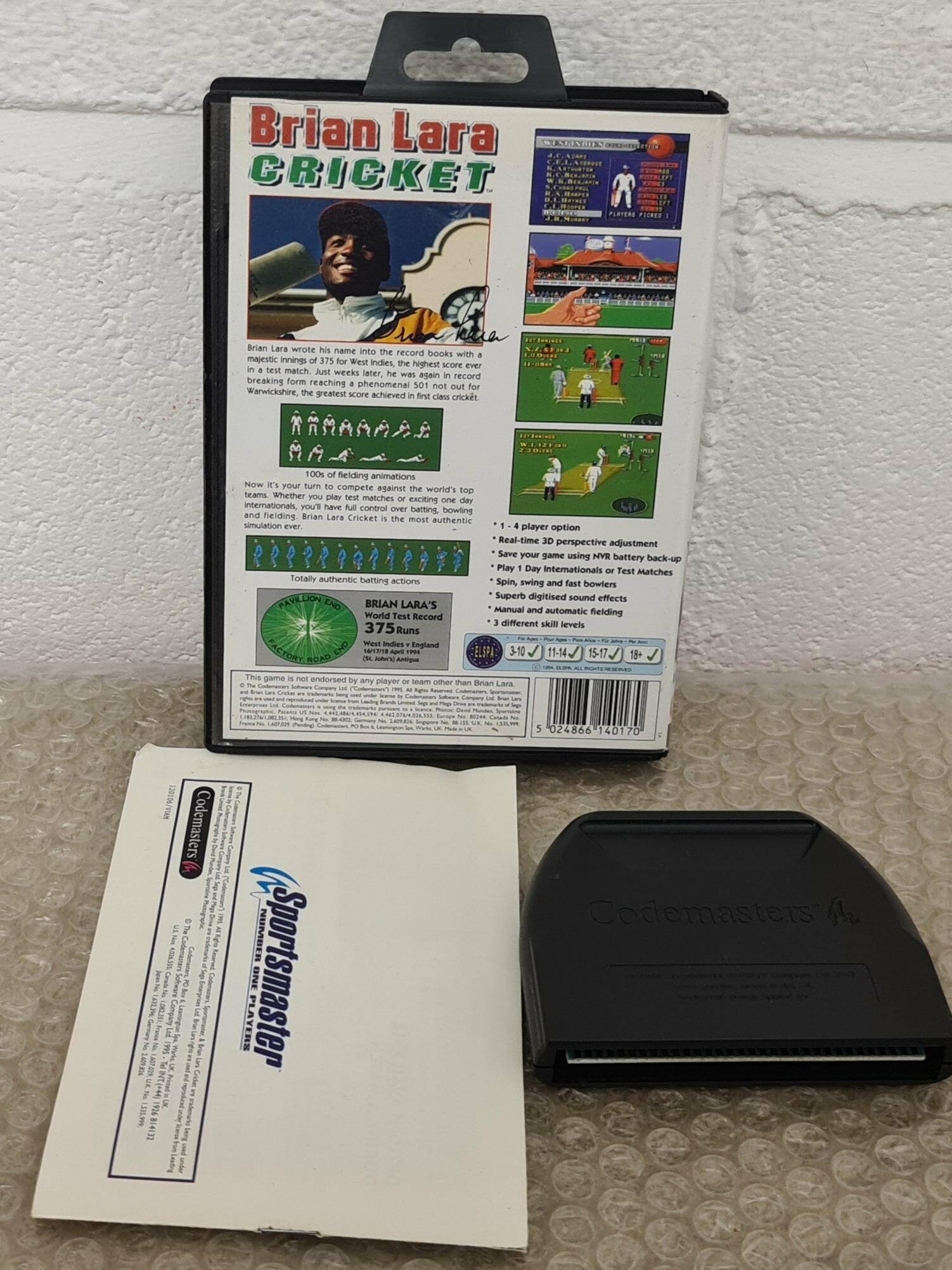 Brian Lara Cricket Sega Mega Drive box, manual & cart back