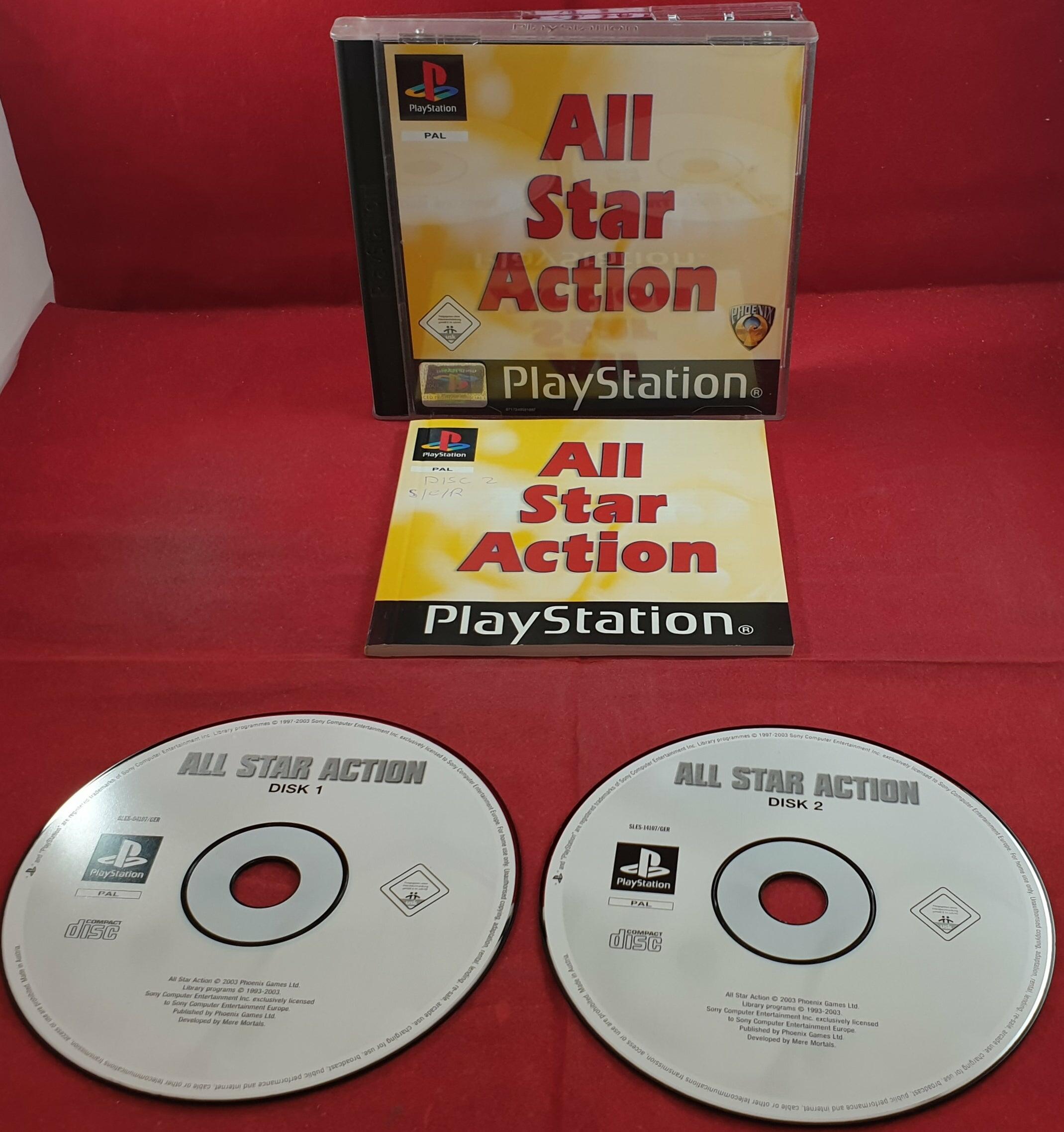 Front View: All Star Action PS1 showing case, manual and both discs