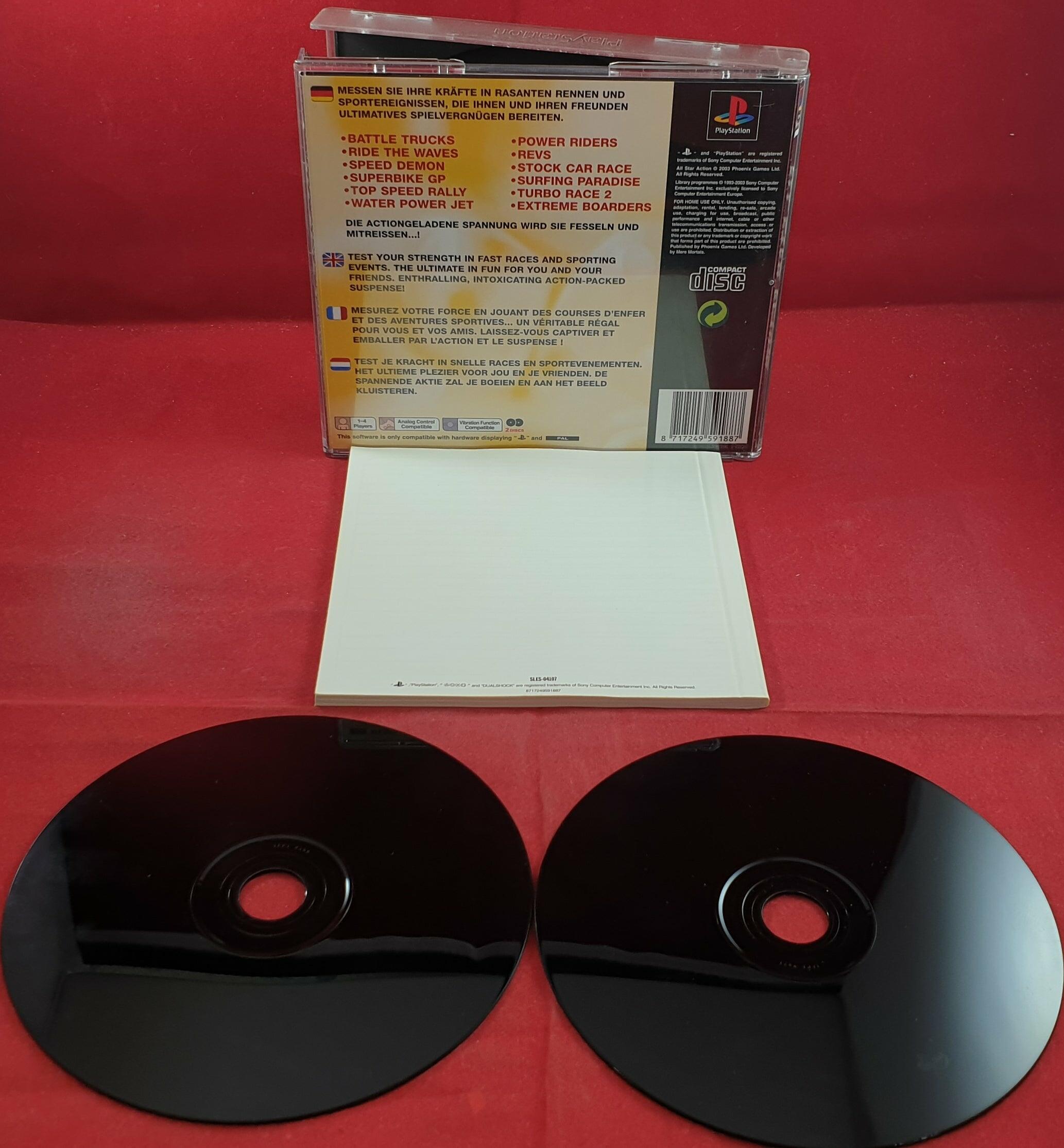 Back View: All Star Action PS1 showing case, manual and both discs play side