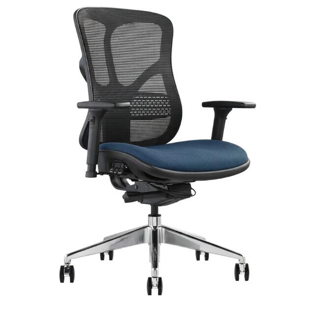 F94 mesh back blue fabric seat office chair angled view