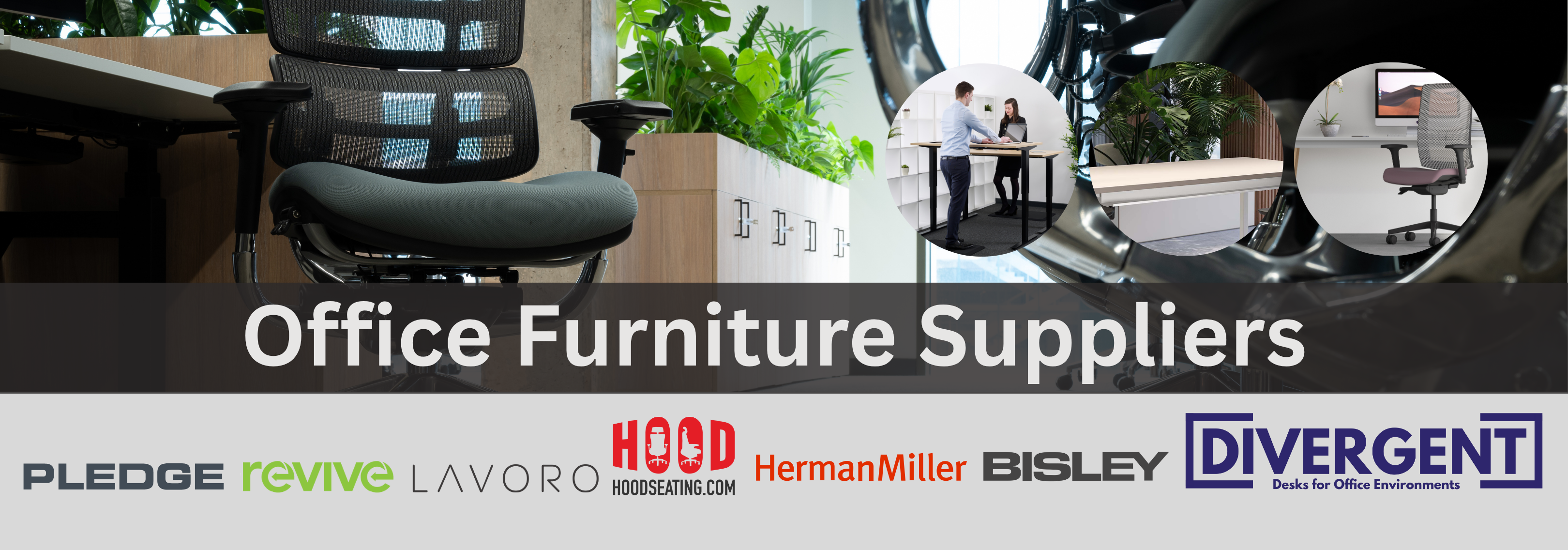 Modern ergonomic office furniture including chairs, sit-stand desks, and storage from top brands