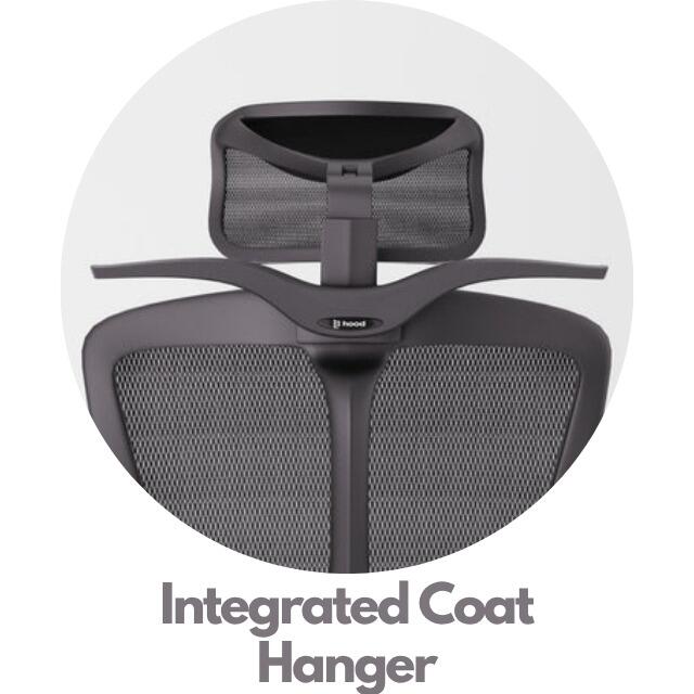 Integrated coat hanger accessory on office chair backrest for workspace convenience