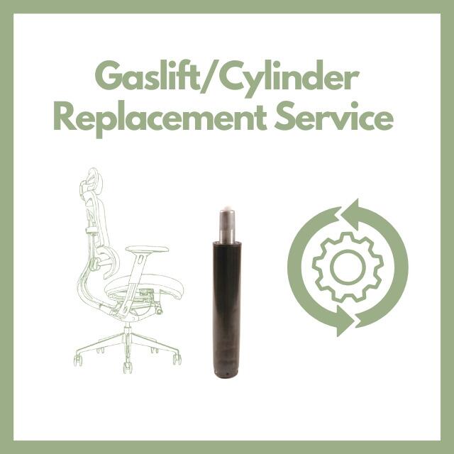 Office chair gas lift replacement service showing damaged and replacement gas lift cylinders