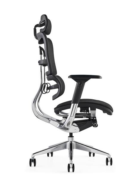 Side view of Hood i29 new mesh seat ergonomic office chair in black, aluminium base, ergonomic headrest