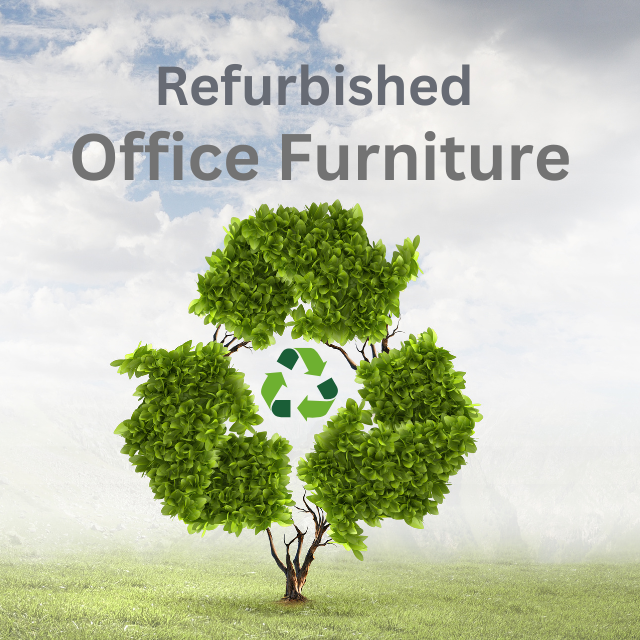 Refurbished office furniture with recycle symbol made from green leaves, promoting sustainable office desks and chairs in Milton Keynes and Bedfordshire.