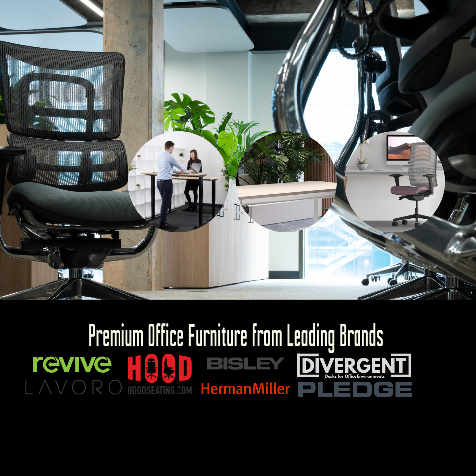 Modern ergonomic office furniture including chairs, sit-stand desks, and storage from top brands