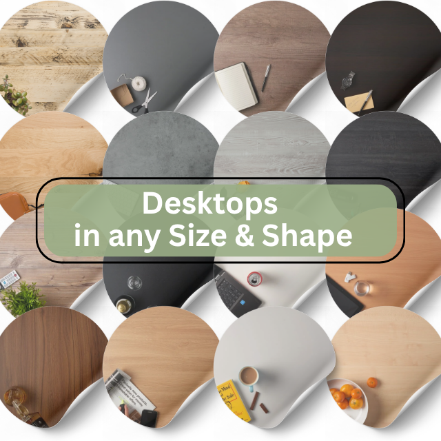 Office desk top made from melamine faced chipboard (MFC) with woodgrain finish, shown in a modern workspace setup.