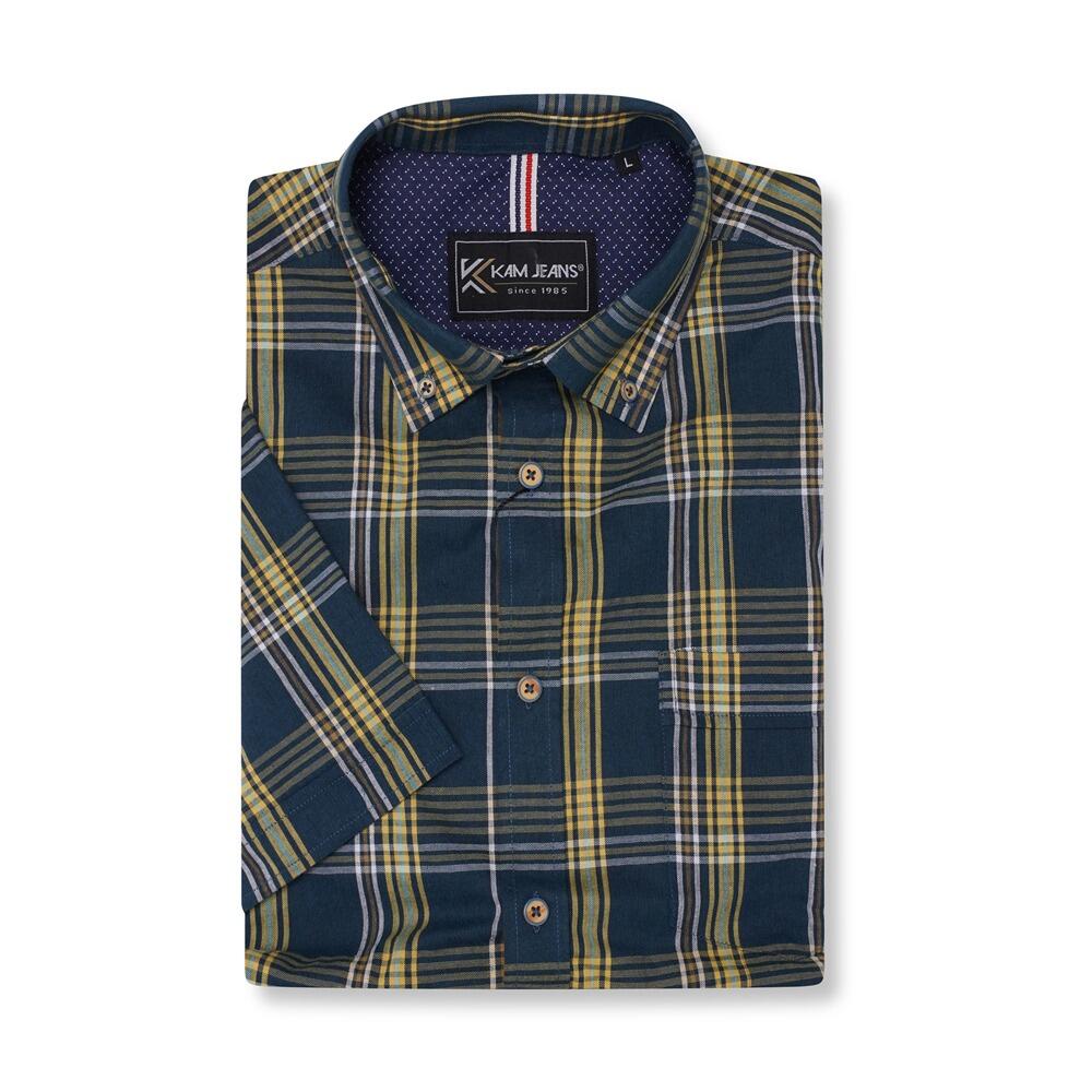Close-up of Teal button-down collar and check pattern – KAM Big Men’s Cotton Shirt