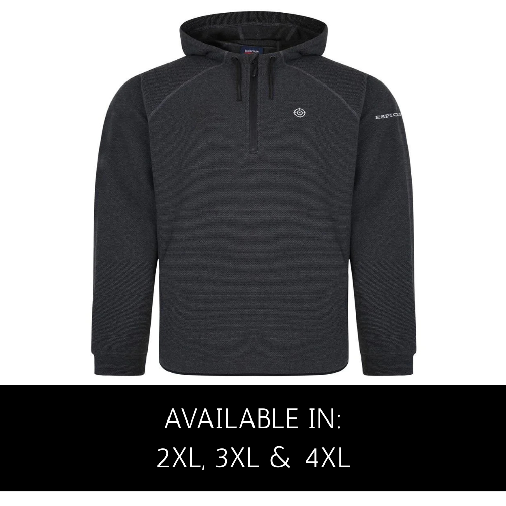 big men’s espionage textured overhead hoodie in charcoal grey, 1/4 zip