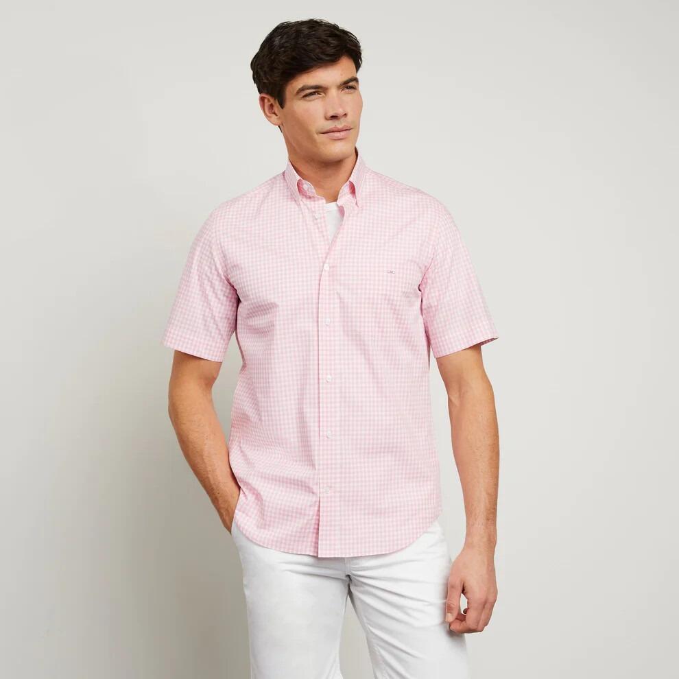 Eden Park Plain pink gingham check short‑sleeve shirt for men, featuring a button‑down collar and chest pocket, sizes M–4XL