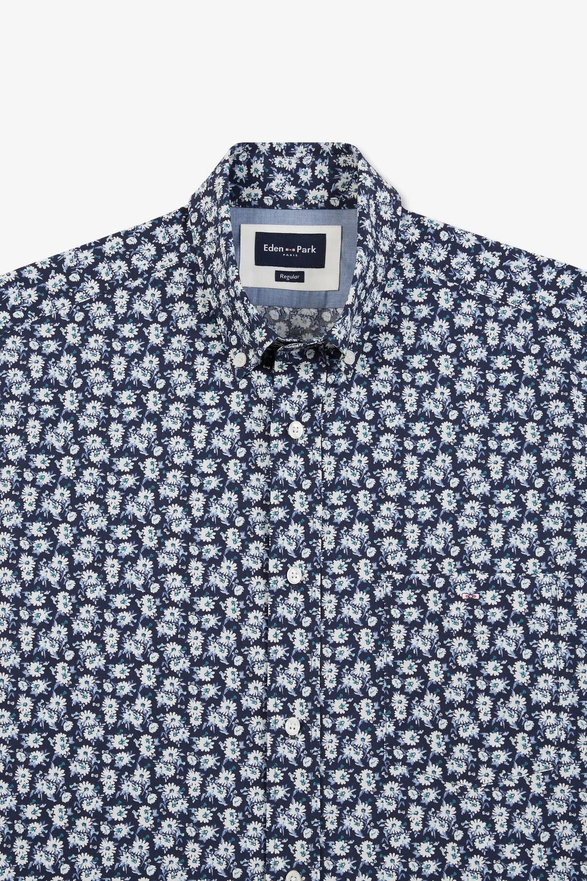 Eden Park blue floral print long sleeve shirt with button-down collar and chest pocket, sizes L to 5XL