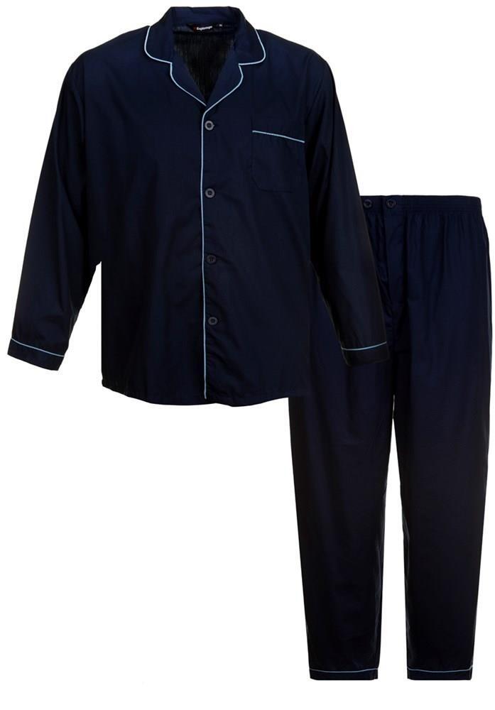 big men’s classic pyjama set in plain navy with sky contrast tipping, 65% polyester and 35% cotton, sizes 2XL to 6XL