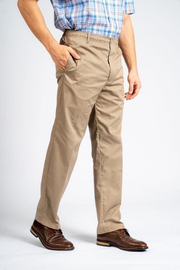 Sand elasticated waist casual trousers by Carabou, made from 65% polyester and 35% cotton, available in big men’s sizes 42" to 60" waist, comfortable and durable.