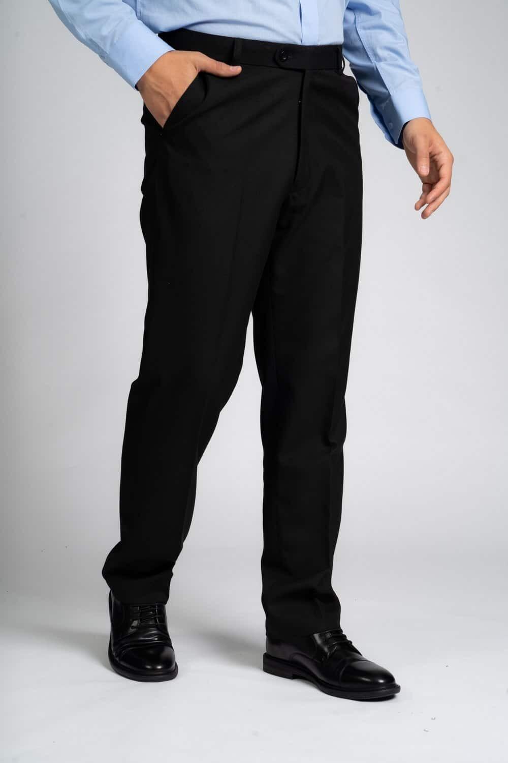 Black Durapress trousers by Carabou, made from 65% polyester and 35% viscose, available in big men’s sizes 42" to 62" waist, durable and wrinkle-resistant.