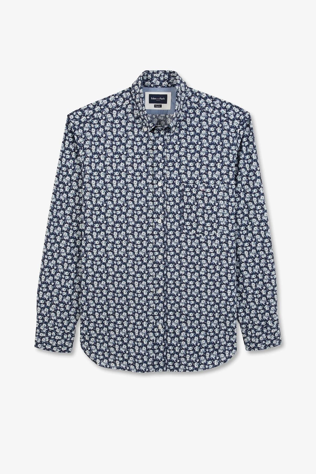 Eden Park blue long sleeve shirt with floral motif and embroidered bow tie detail, available in sizes L to 5XL