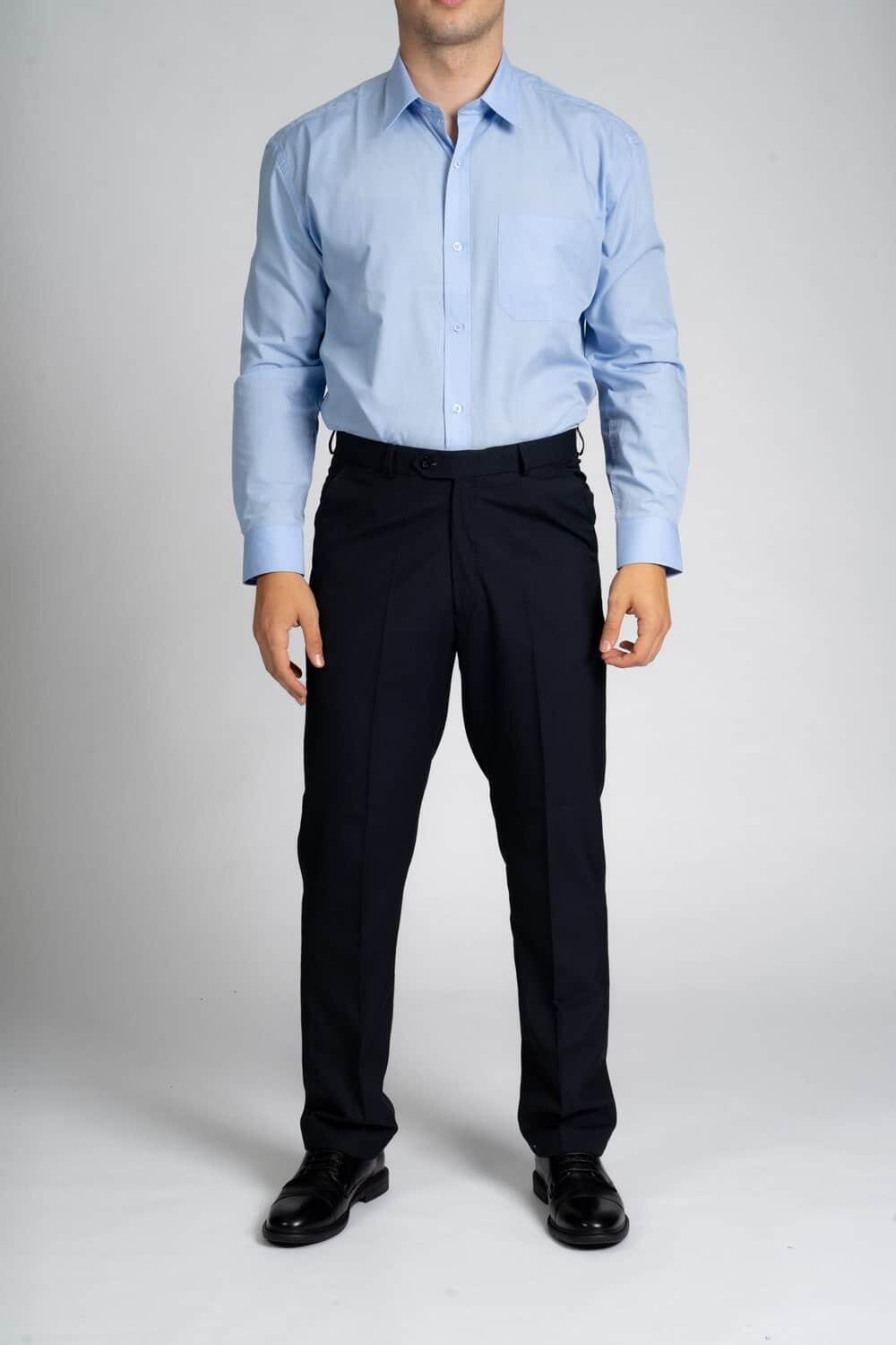 Navy Durapress trousers by Carabou, made from 65% polyester and 35% viscose, available in big men’s sizes 42" to 62" waist, durable and wrinkle-resistant workwear.