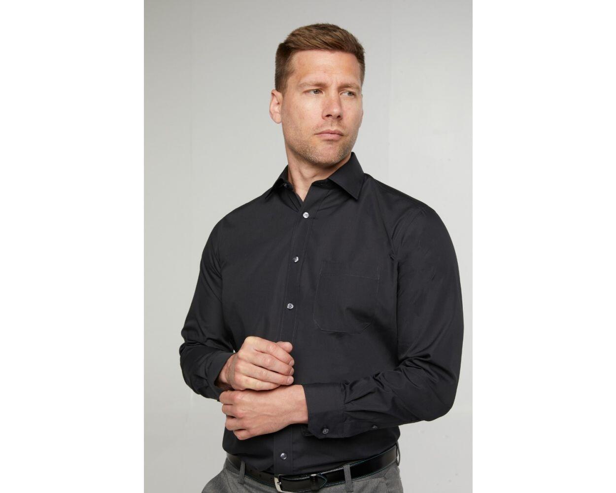 Black long sleeve easy care formal shirt by Double Two, available in 18" to 23" collar sizes, ideal for office wear, work, or formal occasions.