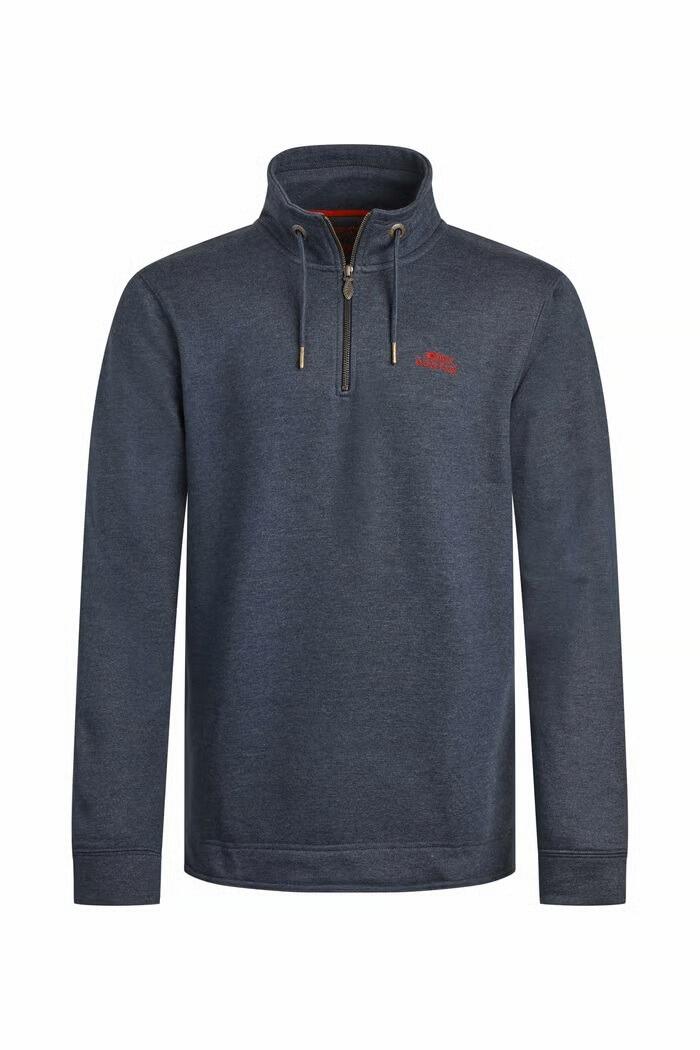 Weird Fish Navy Brampton Quarter Zip Sweatshirt featuring ribbed stand-up collar and fish bone zip pull, available in sizes 3XL–5XL