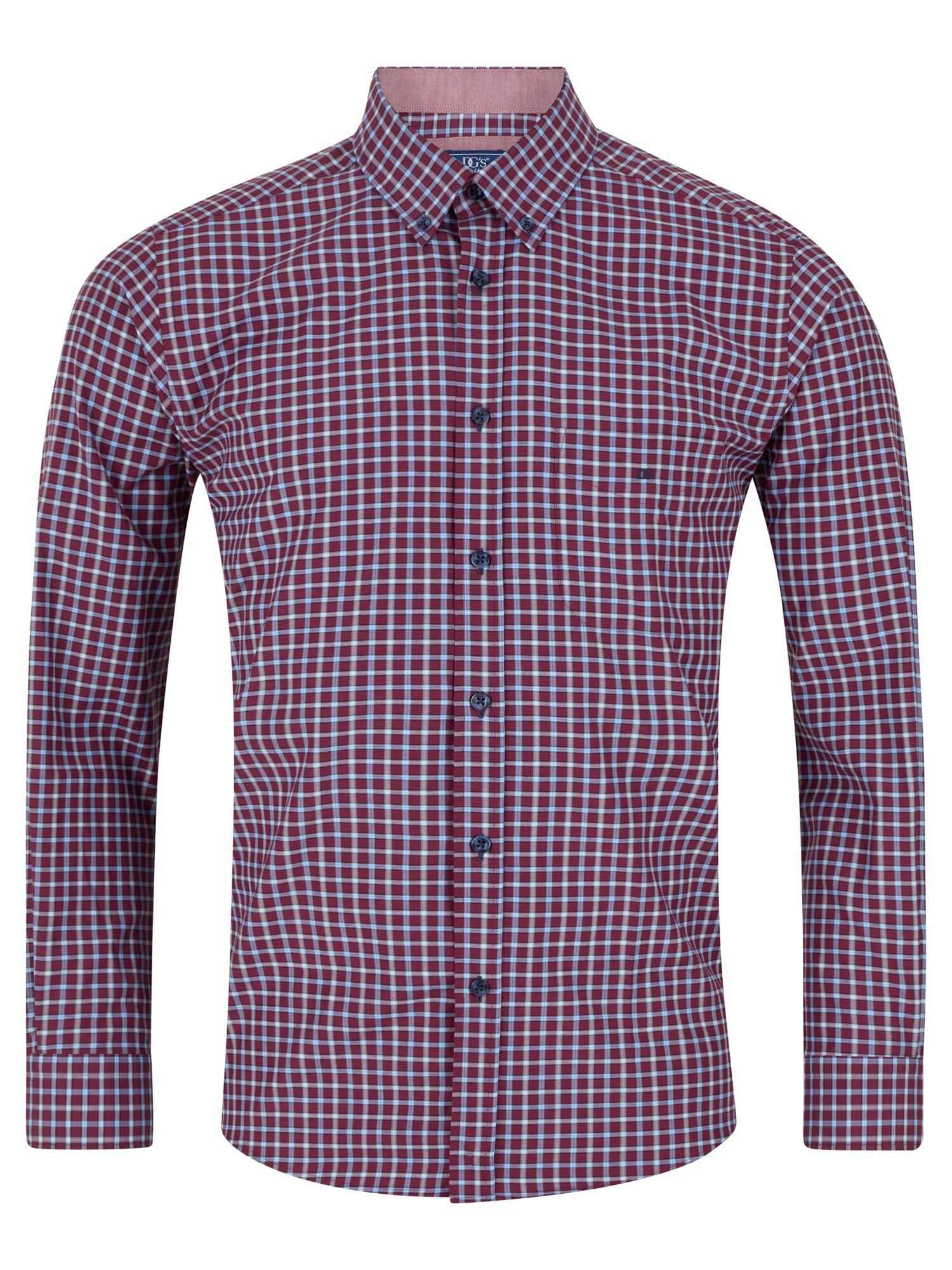 Long sleeve neat check shirt for larger men from Douglas & Grahame, Burgundy, 2XL–4XL