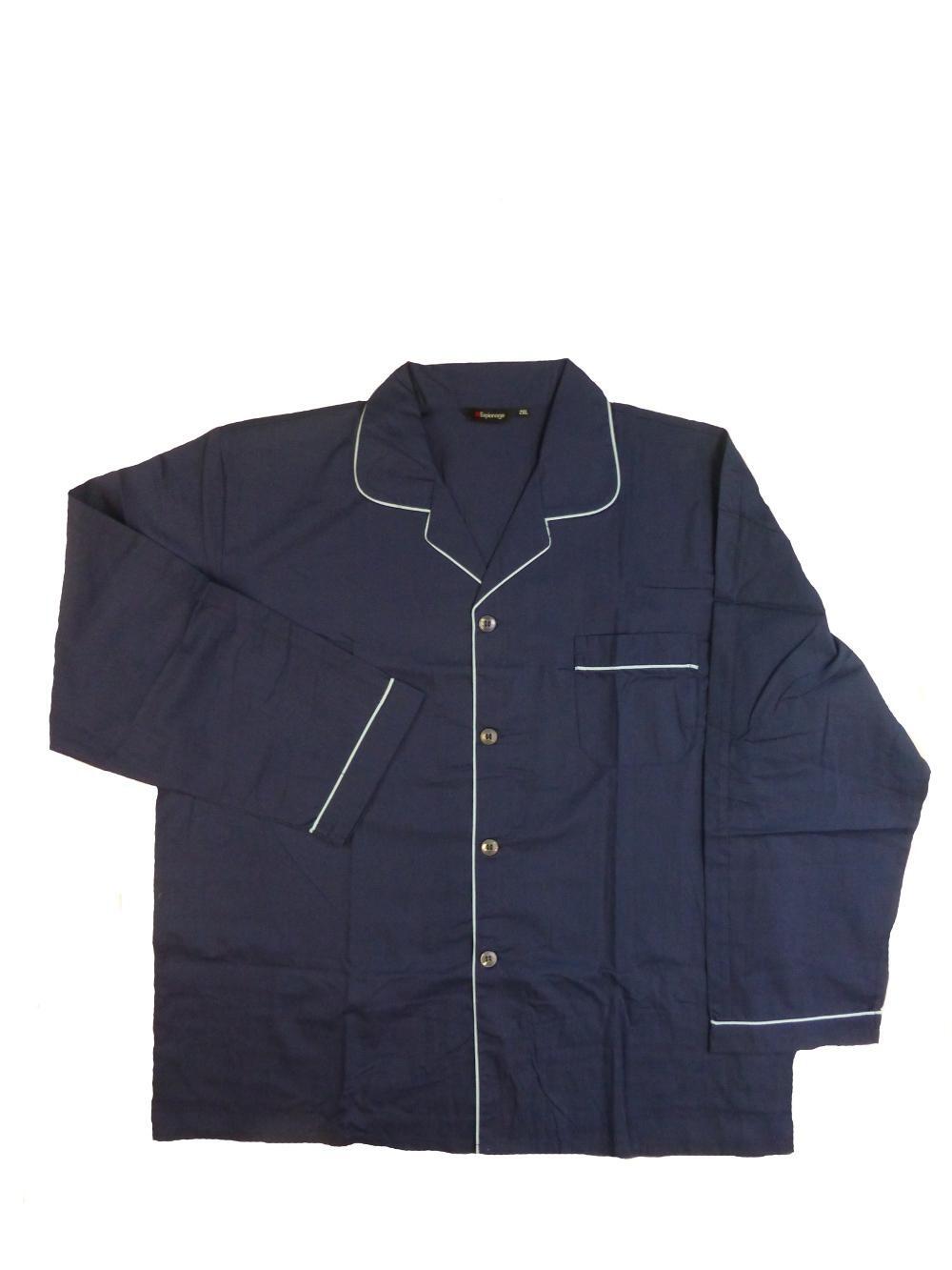 button-up pyjama jacket with sky blue contrast piping and left chest pocket, navy polycotton fabric