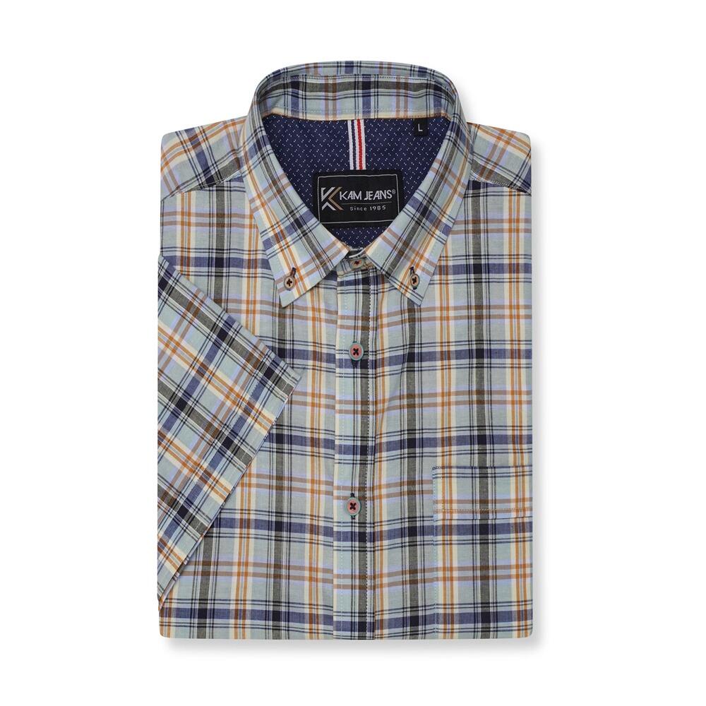 Close-up of Sage button-down collar and check pattern – KAM Big Men’s Cotton Shirt