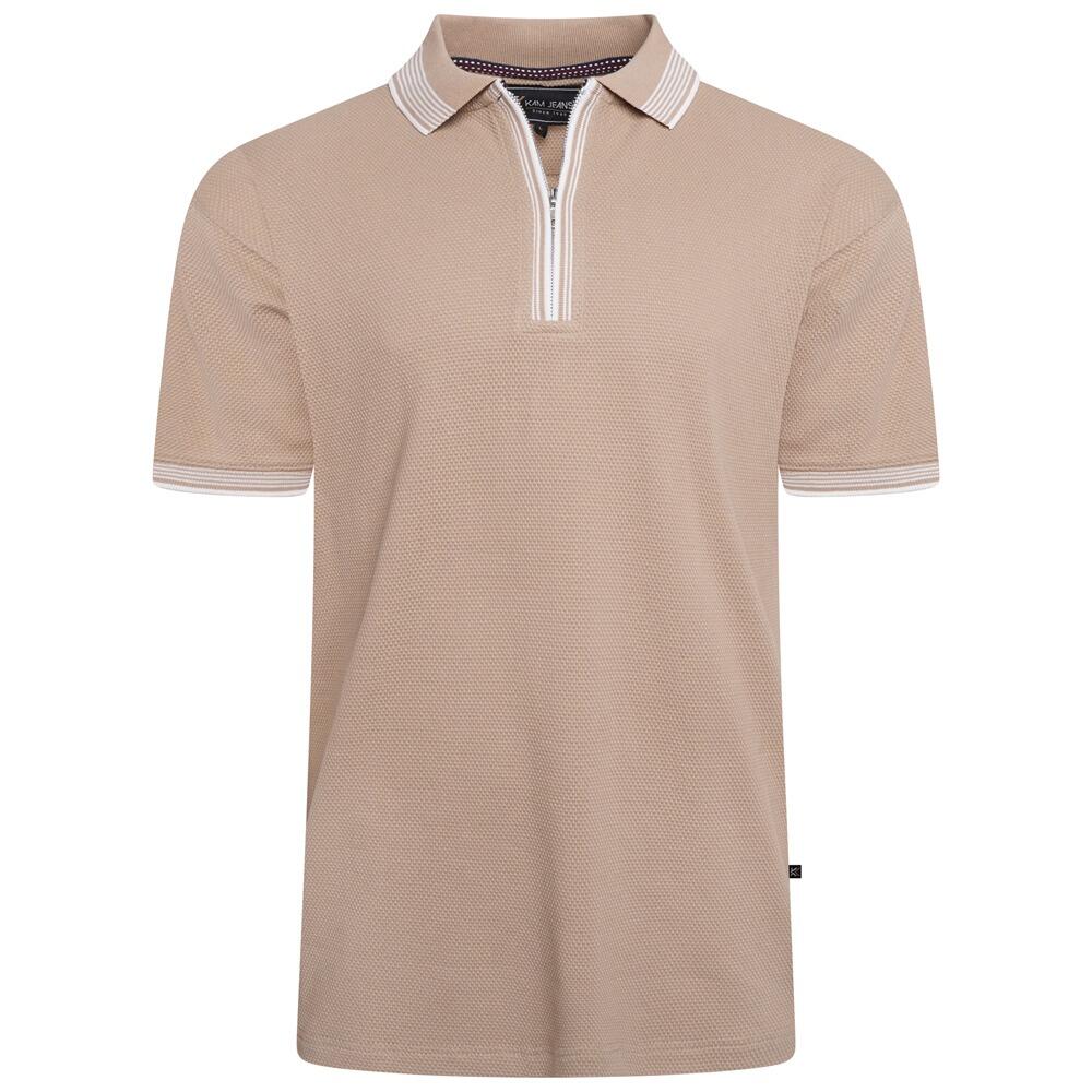 Kam Textured Zip Up Polo Shirt in Almond – Front View – Big Mens Clothing 2XL to 6XL