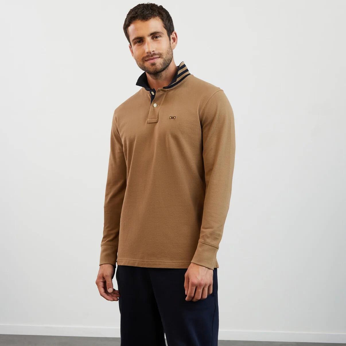 Eden Park Beige cotton long-sleeve polo with button placket and ribbed cuffs