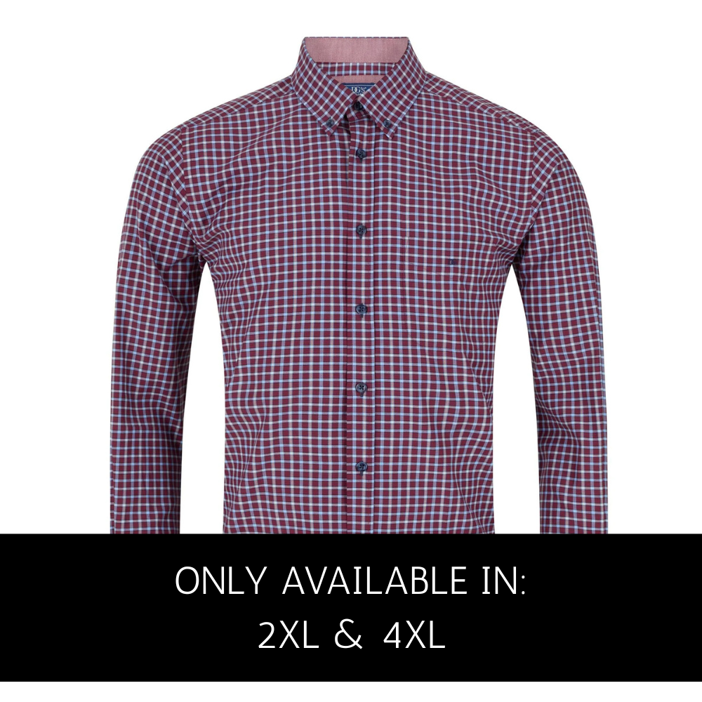 Long sleeve neat check shirt for larger men from Douglas & Grahame, Burgundy