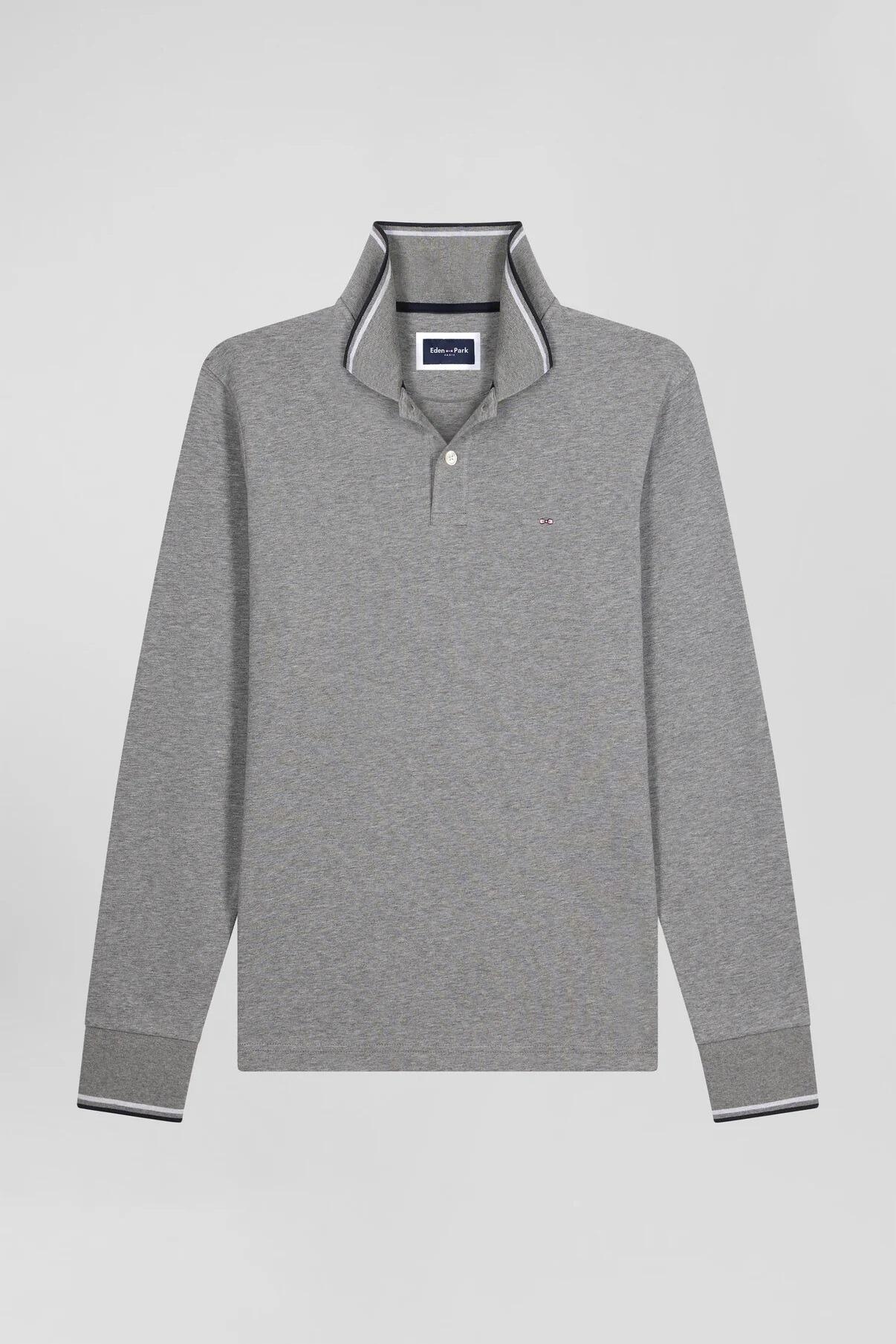 Eden Park Grey men’s long‑sleeve polo shirt with fine striped collar and sleeve trims, available in M, XL, and 2XL
