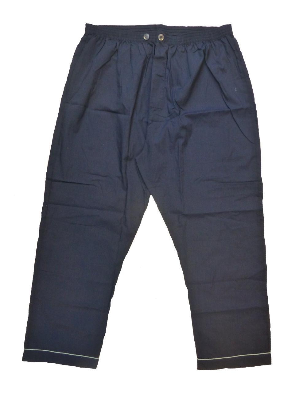 elasticated pyjama trousers with button fastening in plain navy polycotton fabric, 2XL–6XL