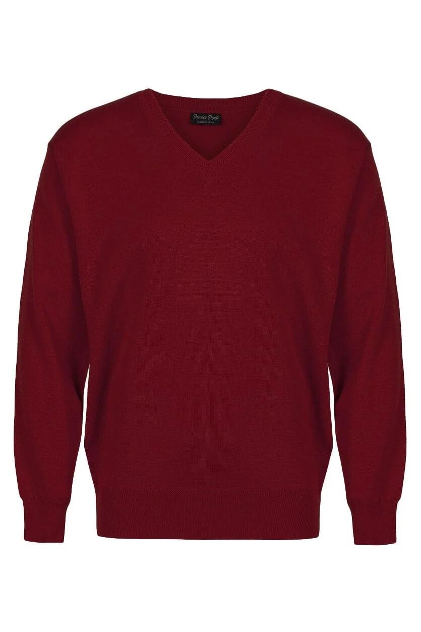 big men’s Burgundy v-neck jumper in 50% merino wool 50% acrylic, sizes 2XL to 5XL