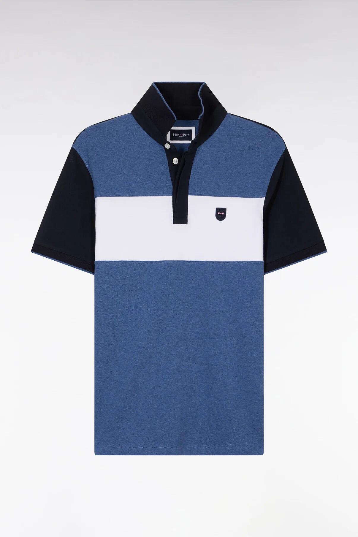 Eden Park Blue and Navy Cut and Sew Polo Shirt front view with white stripe panel