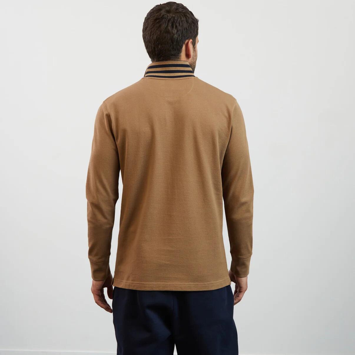 Men’s Eden Park long-sleeve beige polo shirt with striped contrast collar