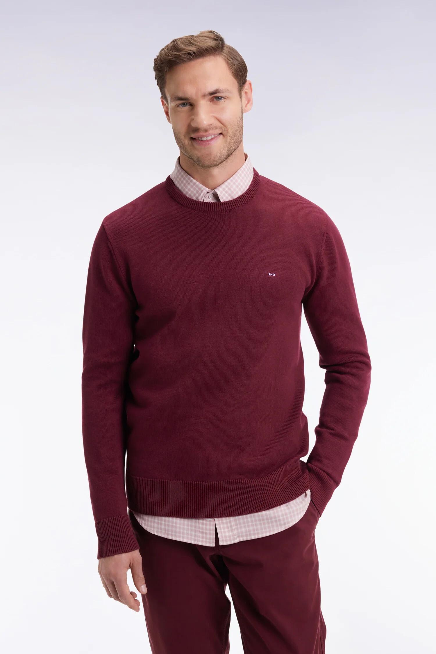 Men’s casual wine-red sweater, round neck, ribbed cuffs and hem, by Eden Park