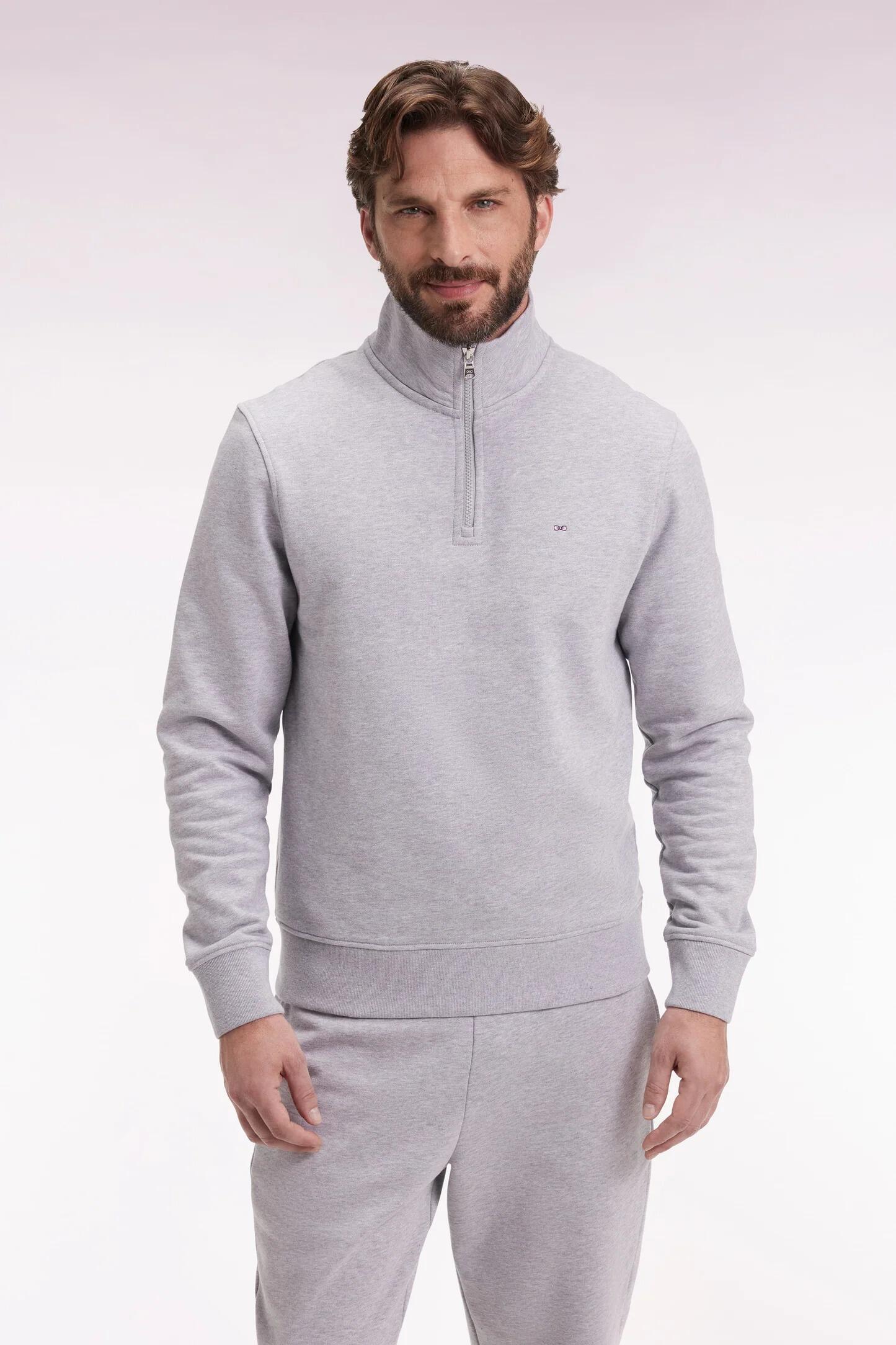 Eden Park men’s grey regular‑fit zip‑neck sweatshirt in cotton fleece with high collar
