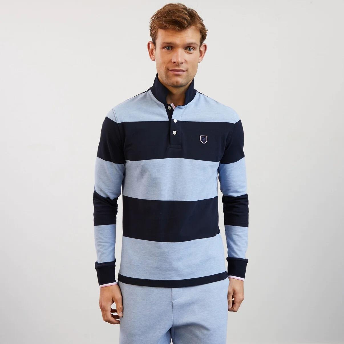 Striped Eden Park long-sleeve polo featuring contrast collar and button placket