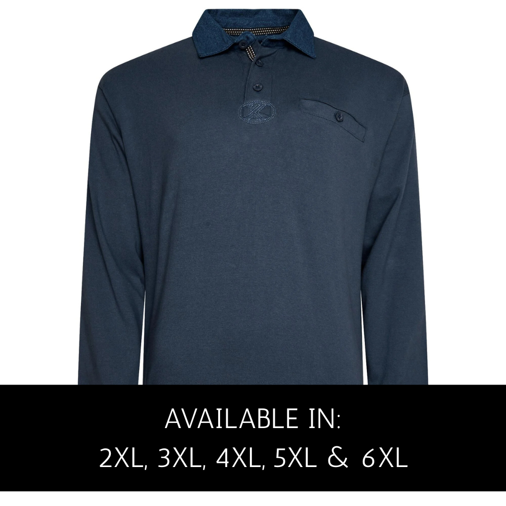 big men’s long sleeve cotton polo shirt in indigo, plain design, 100% cotton, sizes 2XL to 6XL