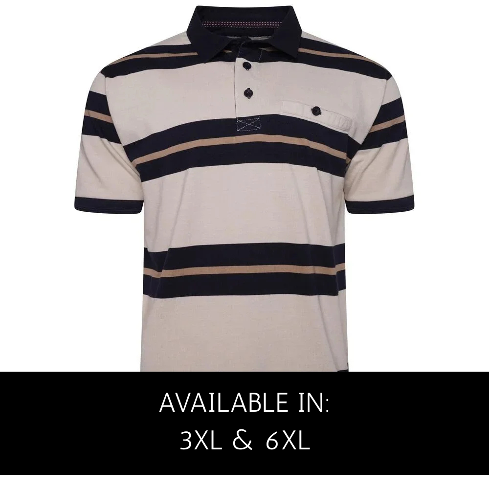 KAM Jeanswear Cotton Rugby Jersey in Stone/Navy– Striped Pattern with Button-Up Chest Pocket and Block Colour Collar (2XL–6XL)