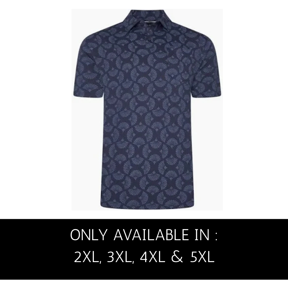 Men's navy floral print polo shirt with tipped collar and short sleeves