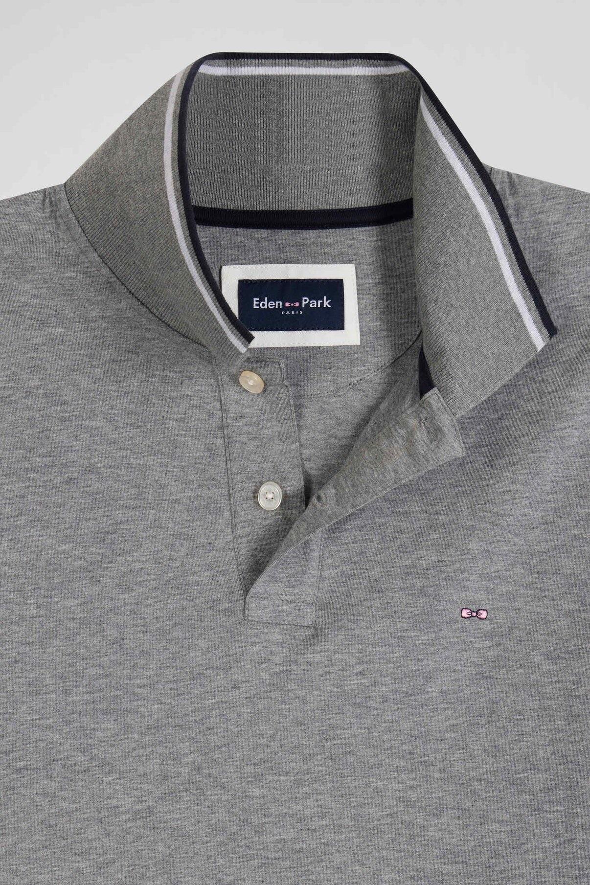 Eden Park Plain grey long‑sleeve polo with striped collar and sleeve trims for men, available in medium to 2XL