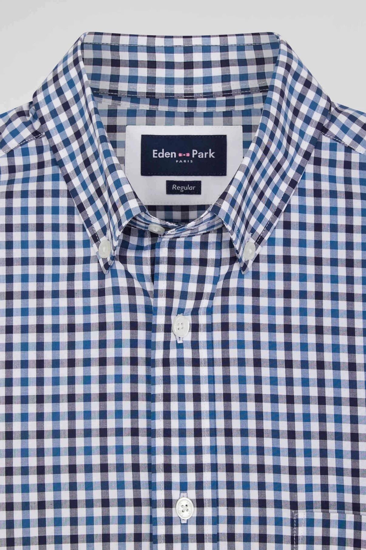 Eden Park classic long-sleeve men’s shirt in mid-blue neat check print, sizes M to 5XL
