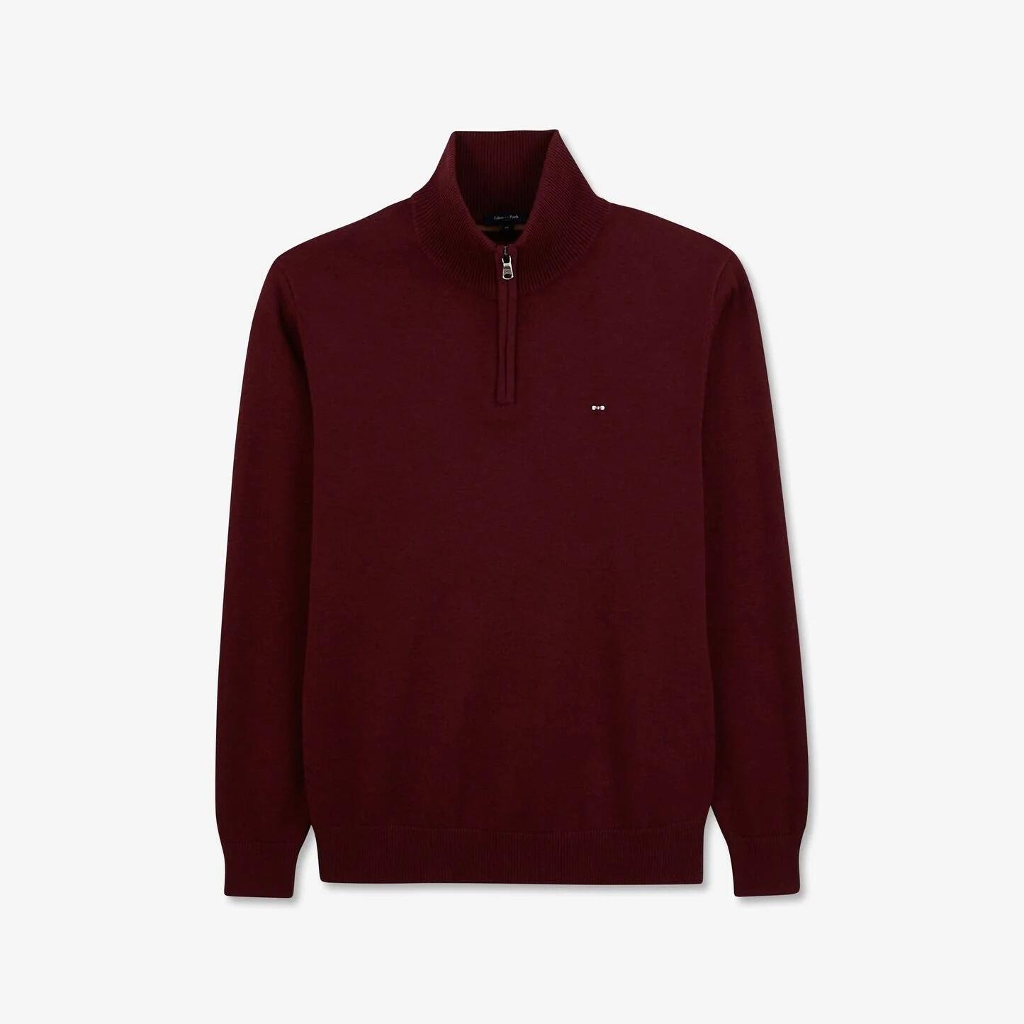 Eden Park men’s wine-coloured cotton sweater with ¼-zip neck, ribbed cuffs and hem, available in sizes M to 5XL