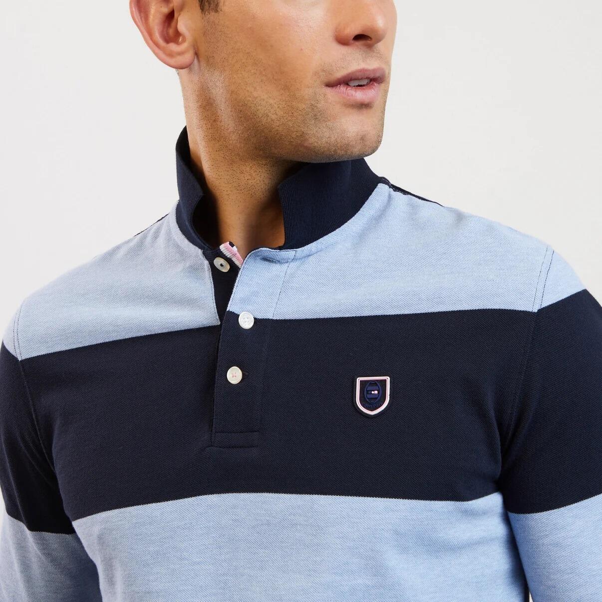 Eden Park Men’s long-sleeve rugby-style polo shirt with wide navy and light-blue stripes