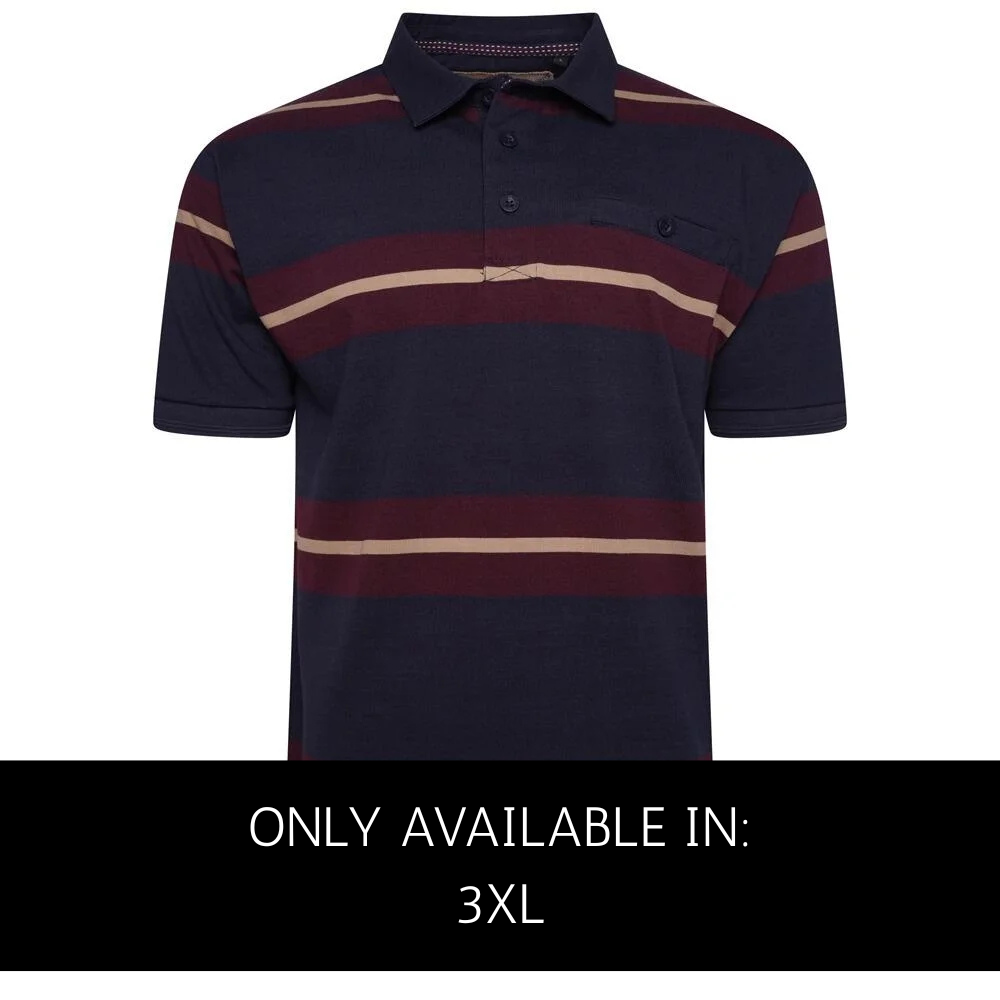 KAM Jeanswear Cotton Polo Shirt (Navy/Burgundy) – Striped Pattern with Button-Up Chest Pocket and Block Colour Collar (2XL–6XL)