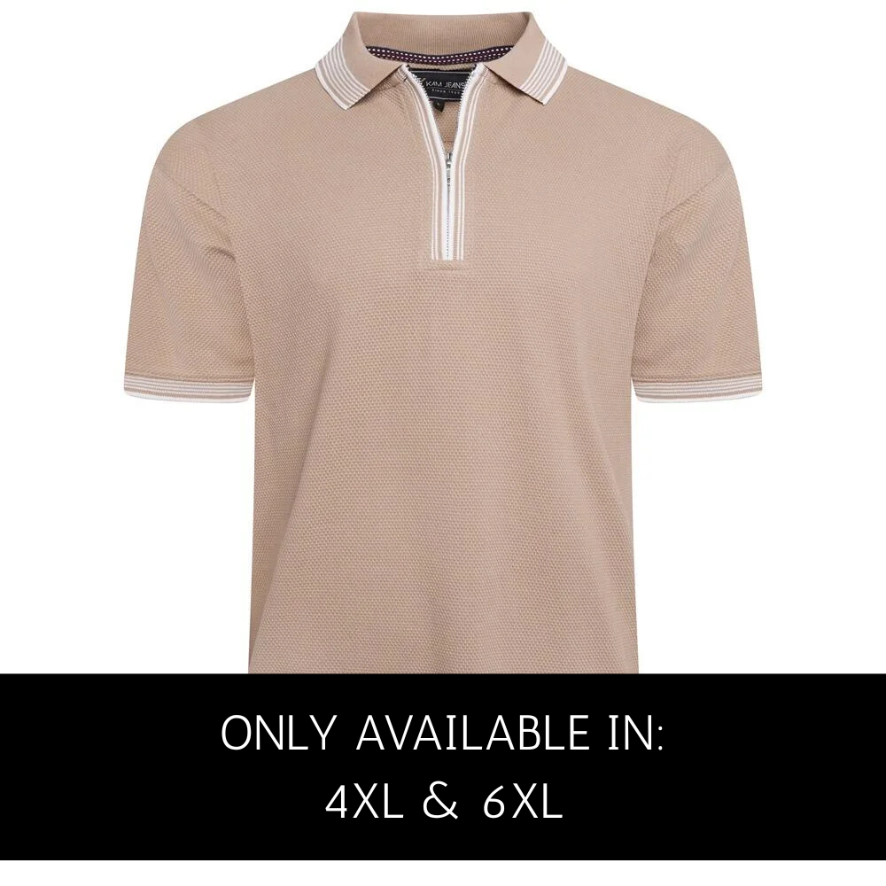 Kam Textured Zip Up Polo Shirt in Almond – Front View – Big Mens Clothing 2XL to 6XL