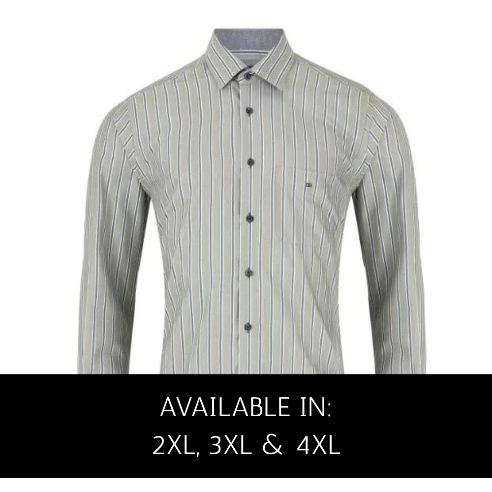 Douglas and Grahame light green striped long sleeve casual shirt for big men, sizes 2XL to 4XL, 60% cotton 40% polyester
