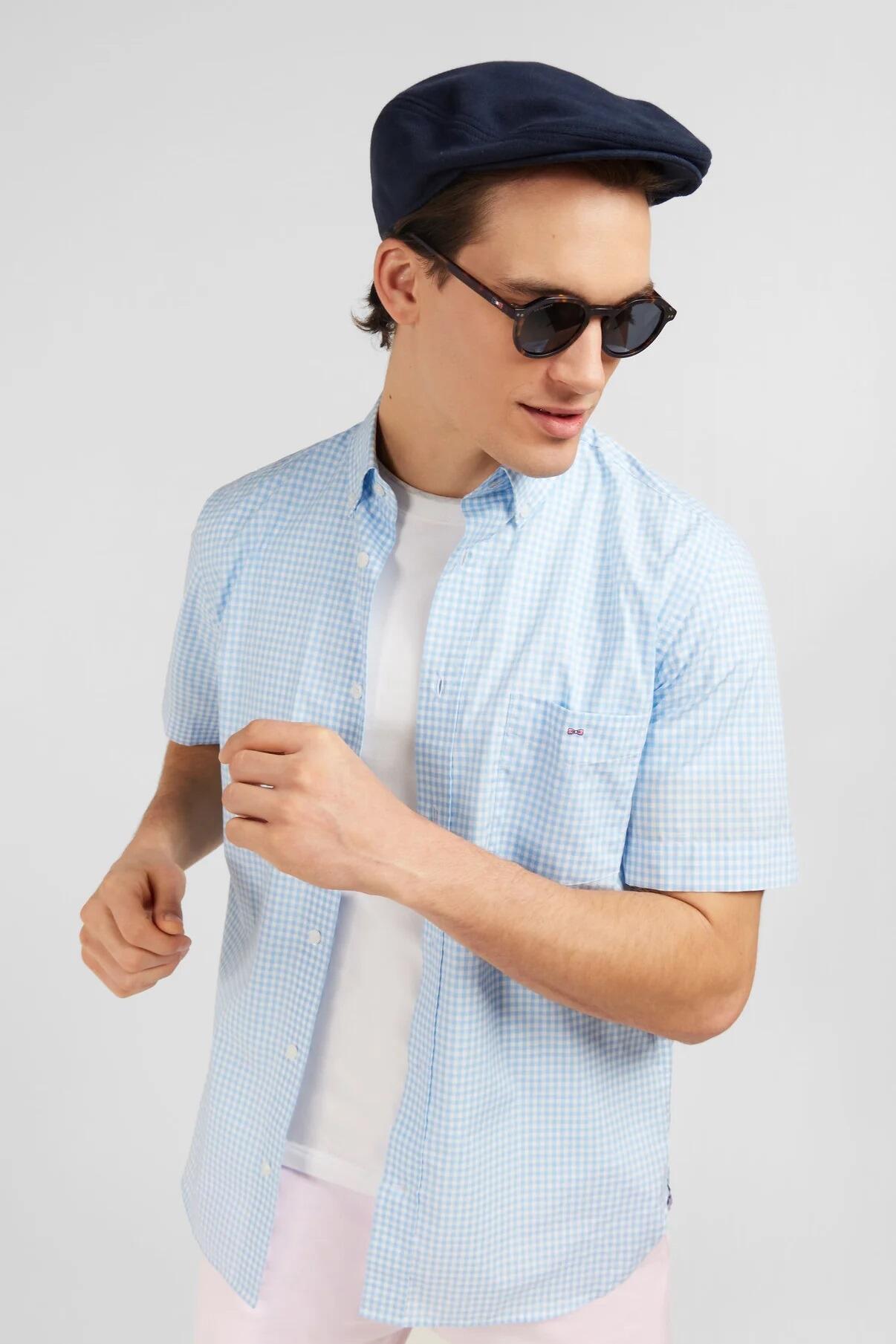 Eden Park Classic fit blue gingham check short‑sleeve shirt for men, available in medium, large, XL, and 3XL
